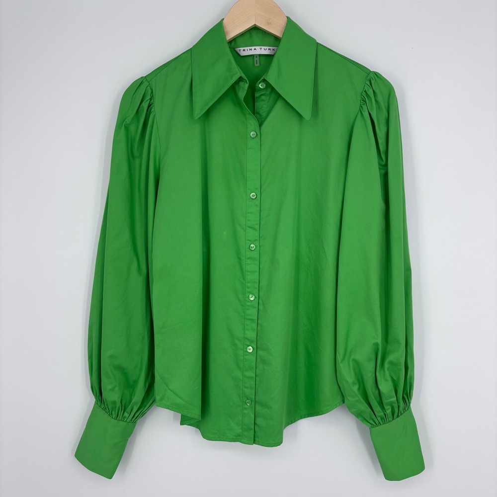 Trina Turk Puff Sleeve Button Down Shirt Womens Small Kelly Green Organic Cotton